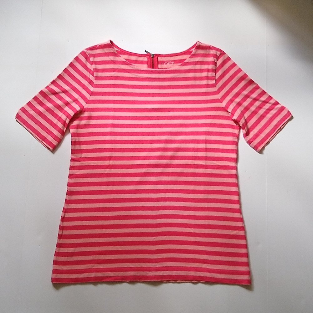 LOFT pink stripe zip back cotton tee S